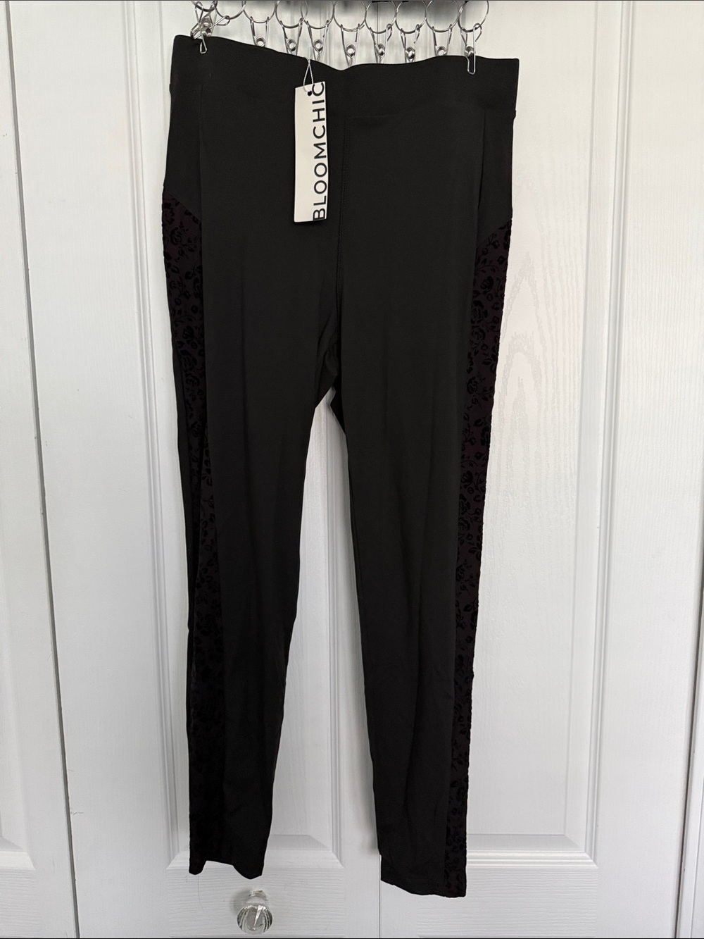 BloomChic Black Leggings with Velvet Side Panels - Floral Texture